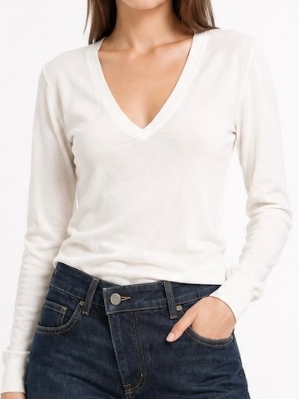 Sisley Benetton White Deep V-Neck Fitted Stretch Knit Sweater Top Size S